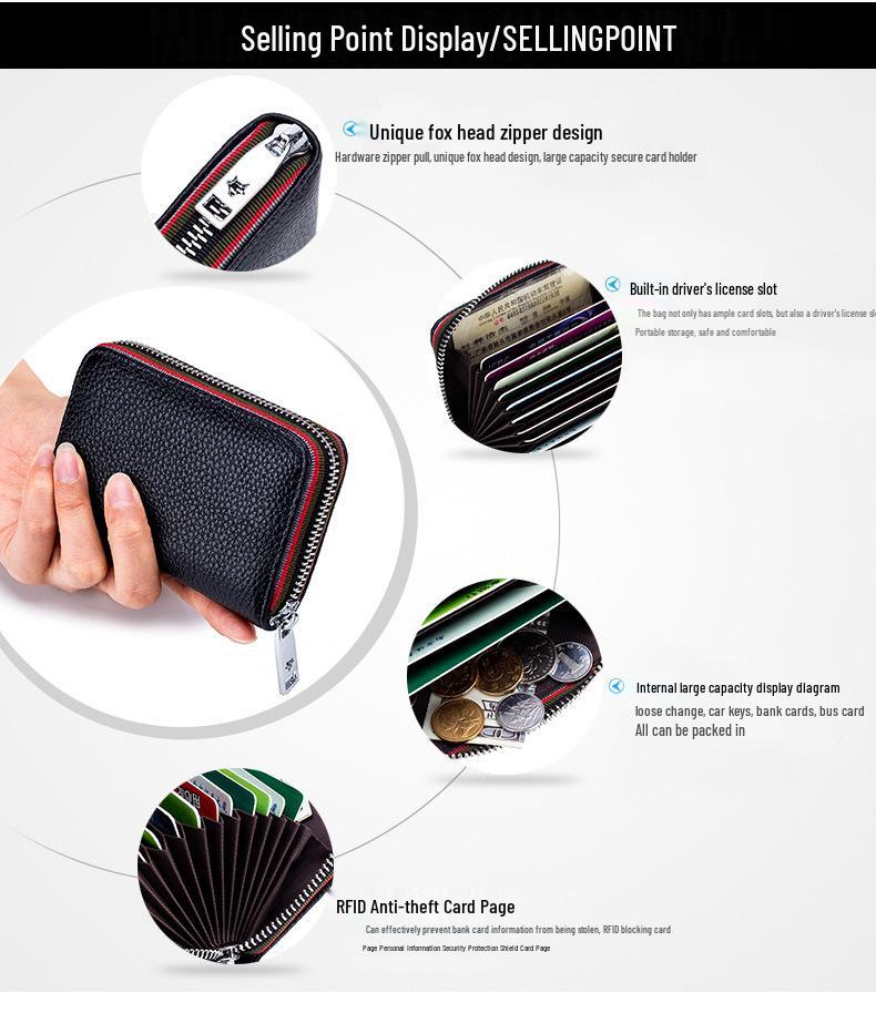 Stylish RFID Accordion Leather Card Holder with Zipper
