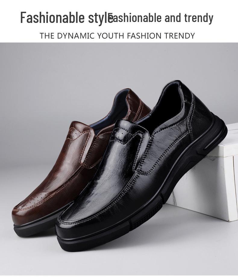 Men's Genuine Leather Cowhide Slip-On Business Casual Shoes - Non-Slip, Breathable, Soft Sole for Middle-Aged and Elderly.