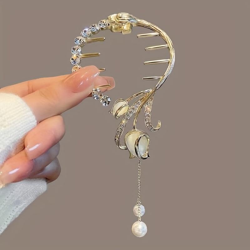 1PC Tulip Rhinestone Fringed Hairpin Women's High-end Temperament Simple Hair Accessories Back of The Head Ponytail Niche Hairpin Headdress