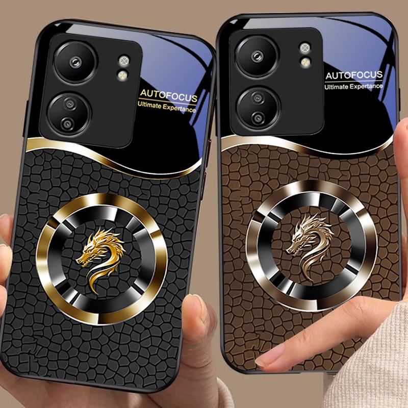 Kiesel Chinesischer Loong Für Xiaomi Redmi 13C Note13 12 Pro Plus 5G Note 9 13T Pro POCO X6 F5 F6 Schwarz Gehärtetes Glas Handyhülle