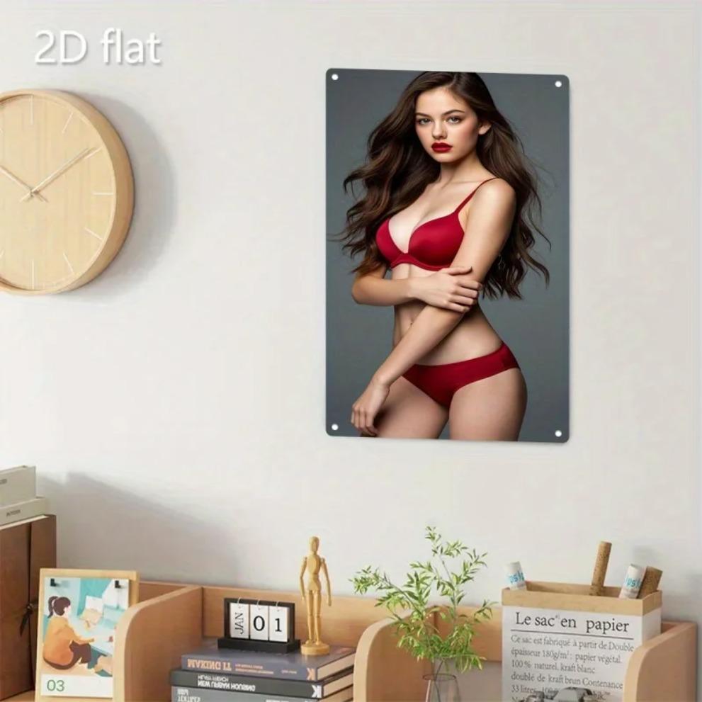 Metal Wall Art Decor, Red Lingerie Woman Sign, Durable Iron Wall Hanging for Bedroom Bar Cafe, Easy Mount Modern 2D Flat Christm