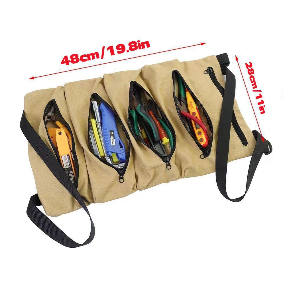 Multipurpose Roll-Up Tool Bag and Wrench Organizer with Shoulder Strap and Zipper Closure