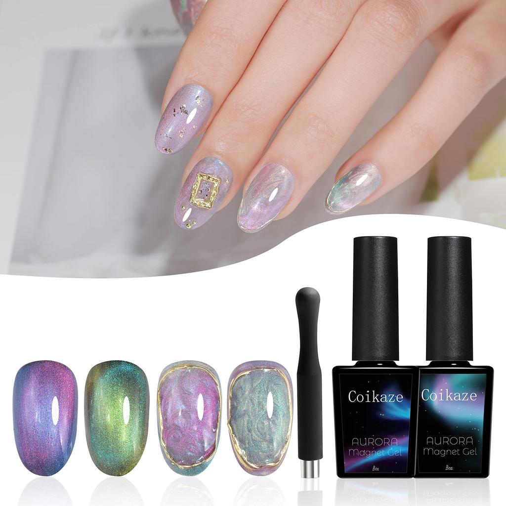 Coikaze Magnetic Gel Nails, Cat Eye, Multicolored Sparkle with Pearlescent Fine Magnetic Powder, Create Your Own Patterns, New Design Experience, Cat