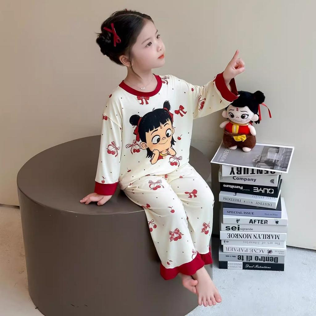 Girls Cartoon Nezha Long Sleeve Pajama Set with Pants for Spring Autumn