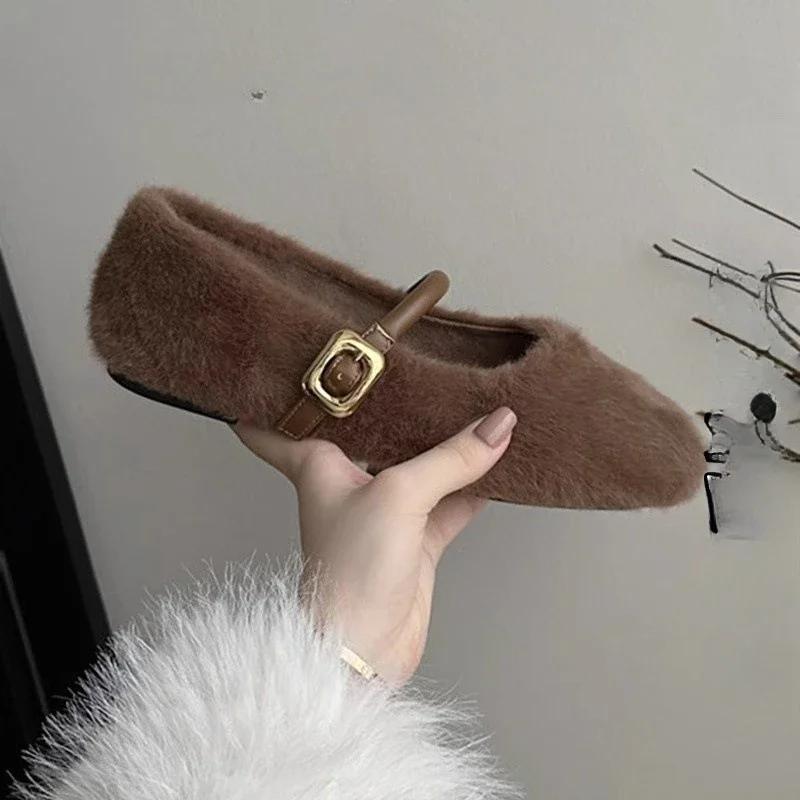 Women's Fashion Flat Cotton Shoes Autumn Winter New Pointed Soft Sole Anti-slip Single Shoes Luxury Plush Flat Mary Jane Shoes