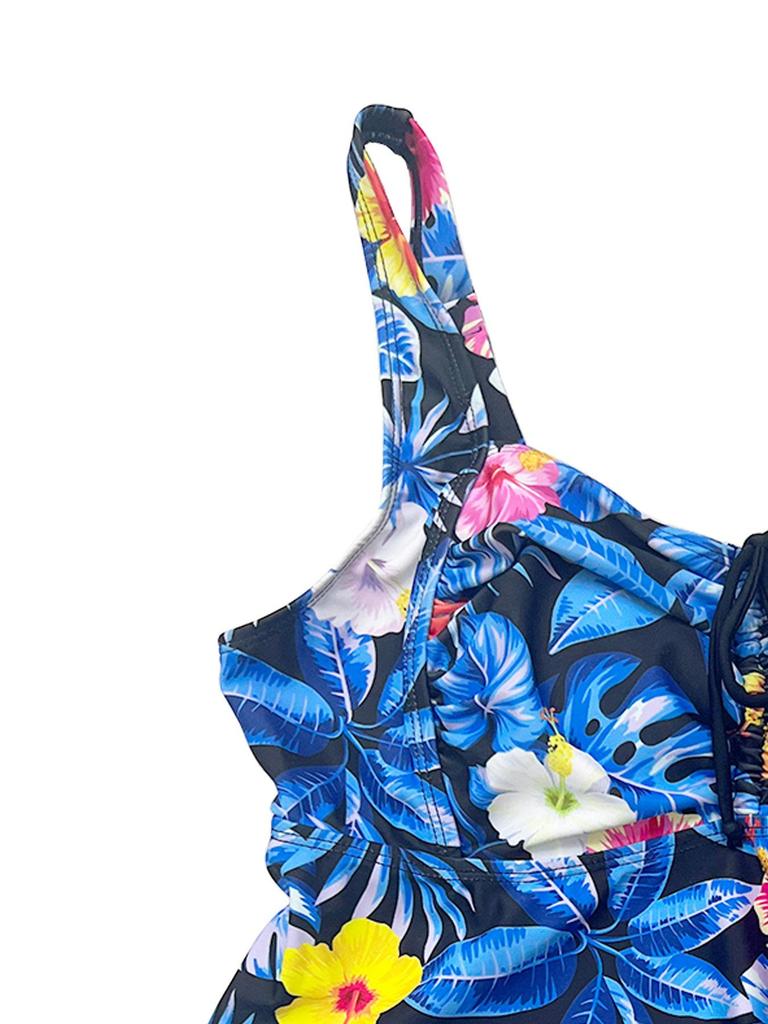 2026 European & American Plus Size Floral Leaf Print Two-Piece Conservative Boyleg Swimsuit for Women