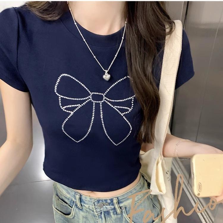 Navy Blue Bow Hot Diamond Round Neck Right Shoulder Short-sleeved T-shirt for Women Summer Petite Slim Fit Bm Short Crop Top