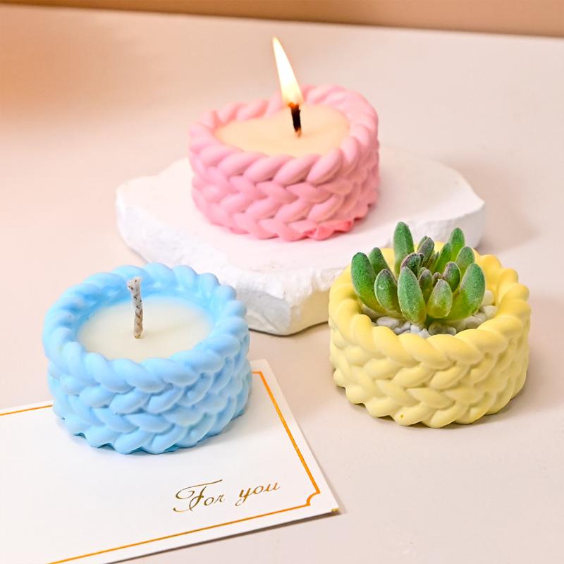 Woven Candle Jar Silicone Mold DIY Round Concrete Flowerpot Casting Molds Plaster Resin Storage Box Craft Making Home Decor