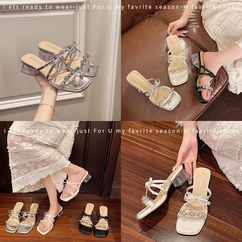 2025 popular thick heel beautiful fashion with skirt bow outside wear summer fashion fairy style one word slippers women's new models
