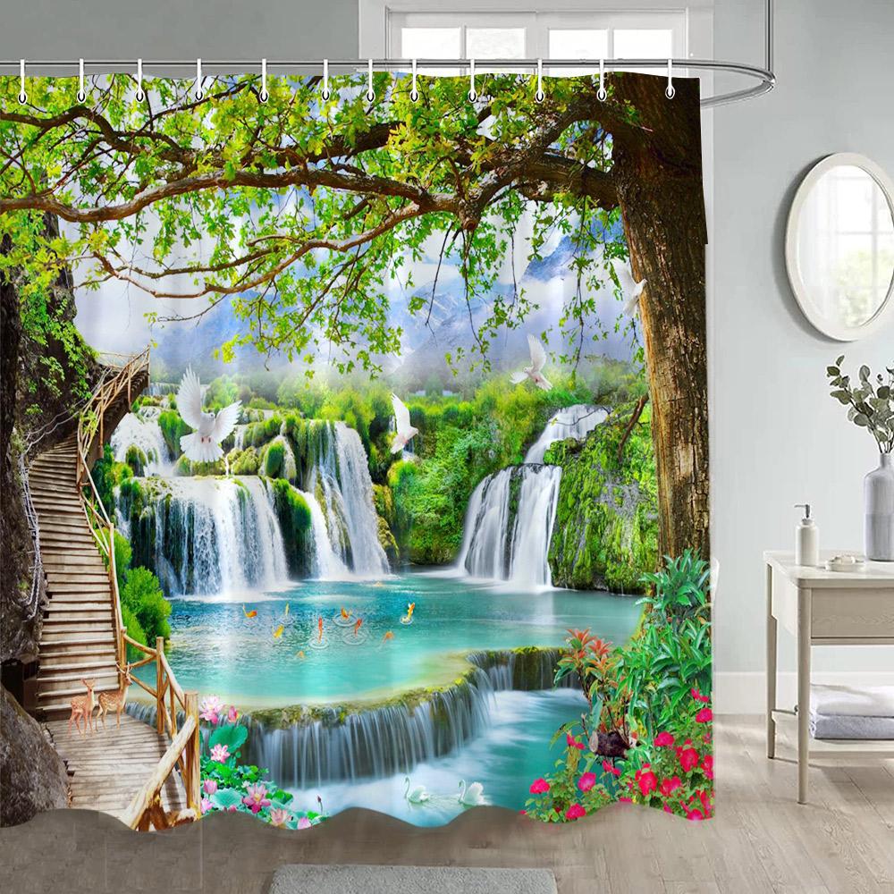 Rustic Waterfall Landscape Shower Curtains Nature Forest Lake Lotus Swan Chinese Style Bathroom Curtain Home Decor With Hooks
