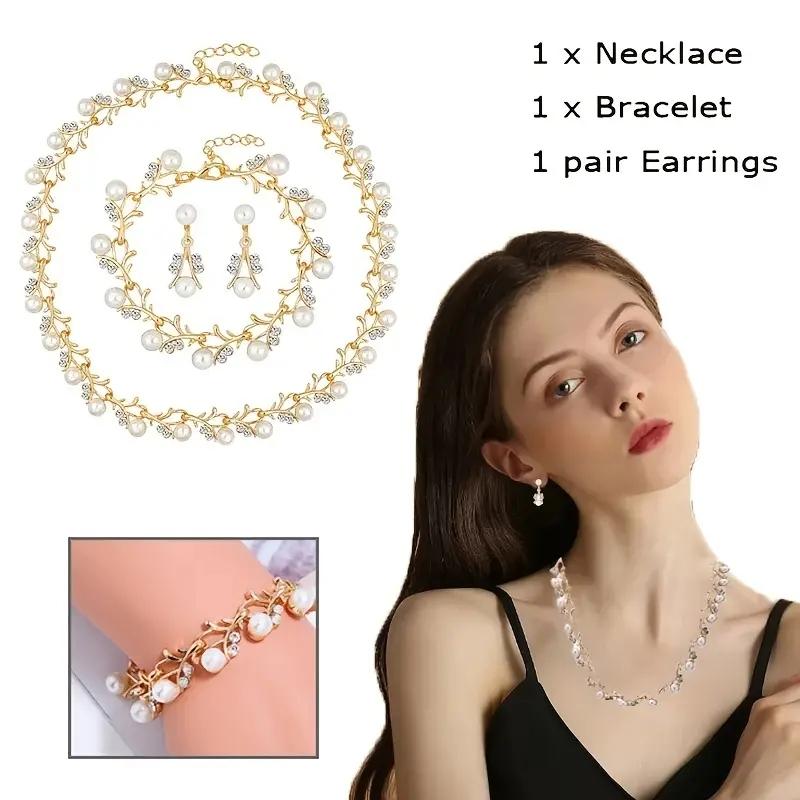 4 Pcs/set Fashion Retro Women's Zircon Set Rhinestone Artificial Zircon Wedding Party Bride Wedding Necklace Bracelet Earrings
