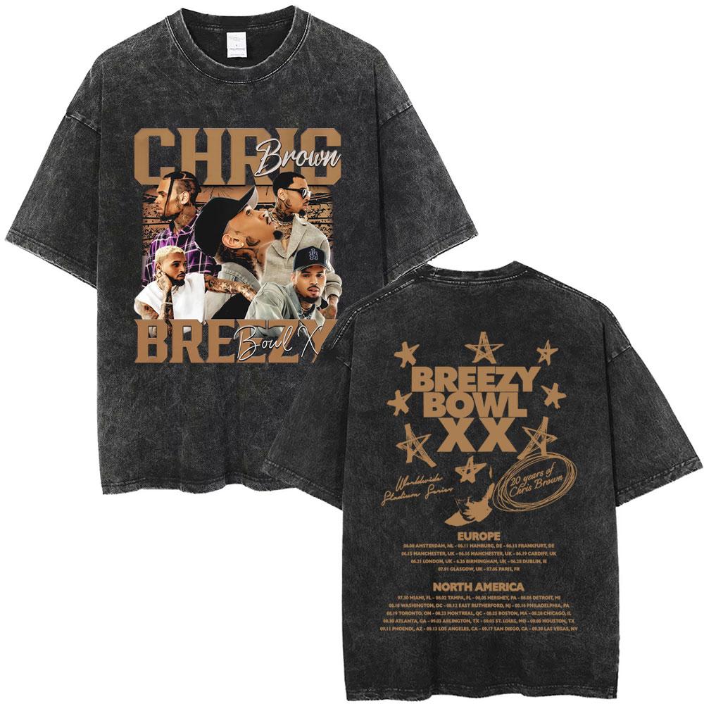 Rapper Chris Brown Breezy Bowl XX Tour  Vintage Washed Tshirts Men Women Hip Hop Fashion T Shirts Male Cotton Retro Tshirt