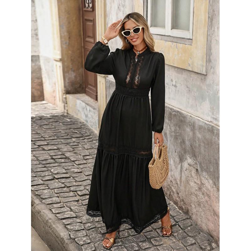 Minimalist Solid Color Long Sleeve A-Line Dress With Lace Trim High Waist Everyday Wear