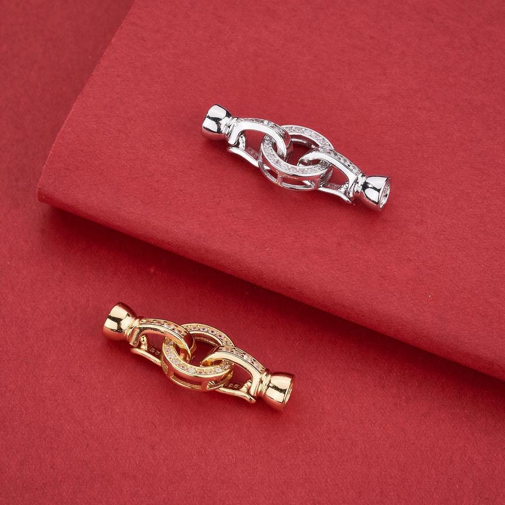 Conector de Pulsera de Perlas de Doble Anillo de Plata de Ley S925 con Circonita Cúbica, Cierre para Joyería DIY Hecho a Mano