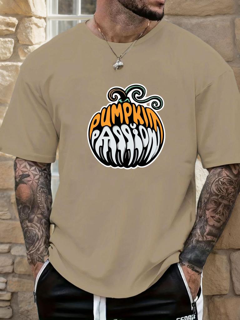 Mens Casual Tshirt Pumpkin Passion Print Short Sleeve Round Neck Breathable Soft Oversized Fun Daily Wear Tee
