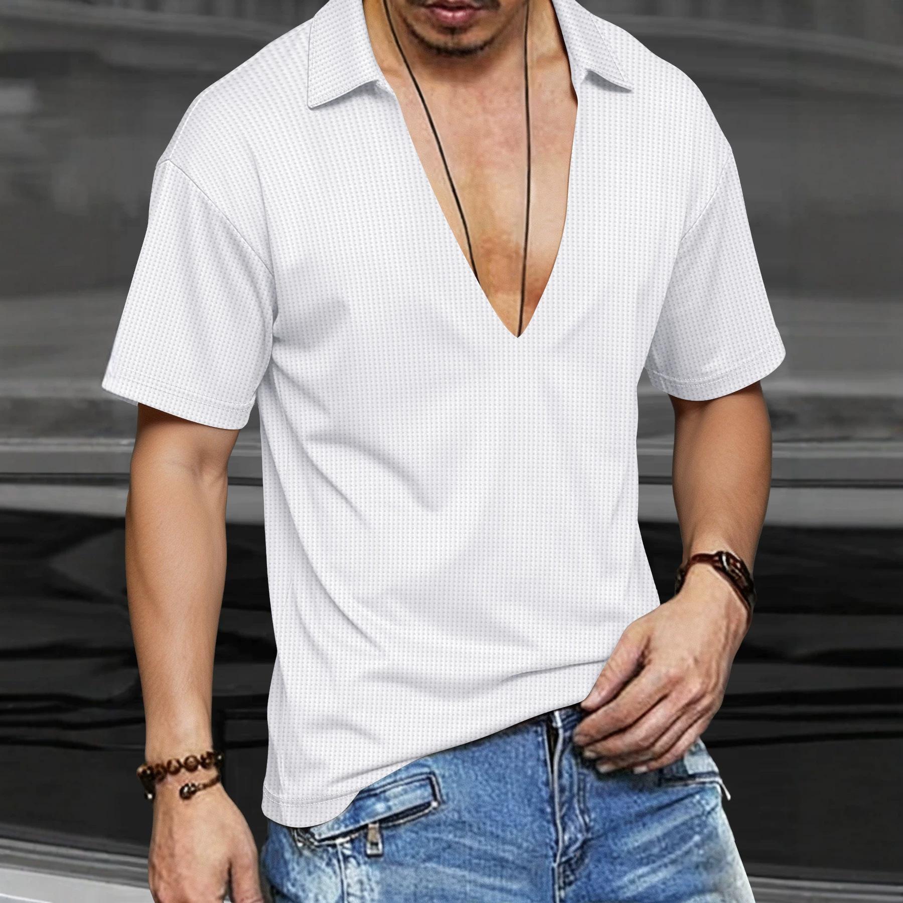 Men S Waffle Knit V Neck 1 2 Sleeve Casual Summer Beach T Shirt S белый
