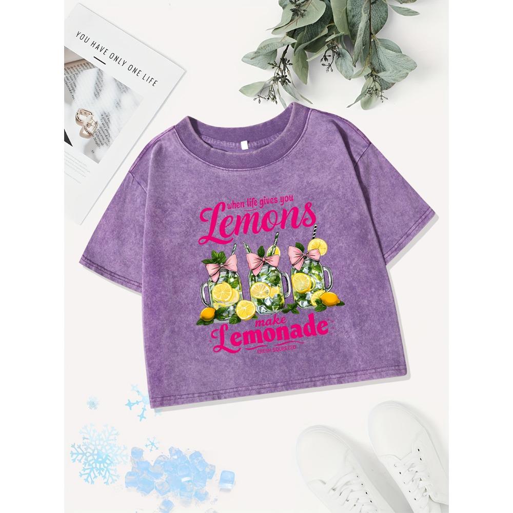 Summer Cotton Crop Tops Women When Life Gives You Lemons Makeprinted Washed T-Shirts Fit O-Neck Tees Clothes
