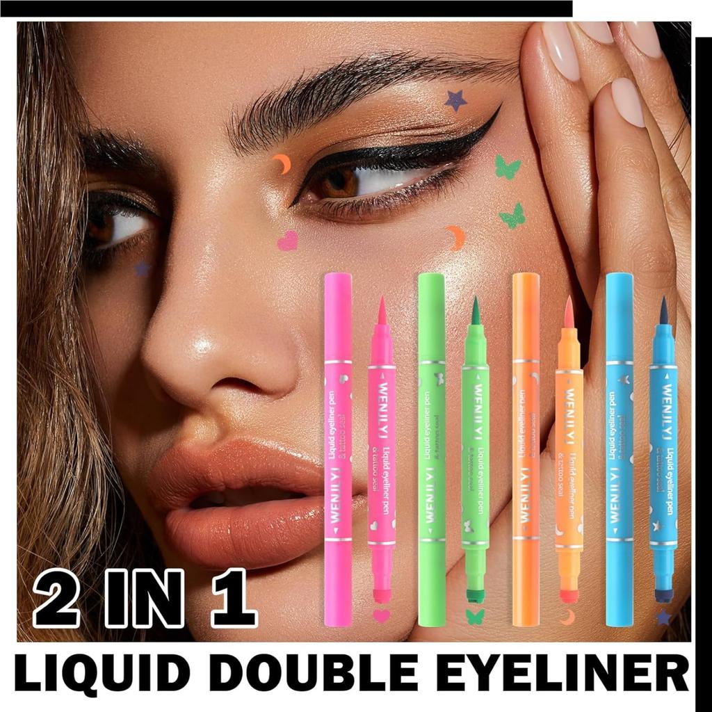4 Farben Eyeliner Stempelstift Set - Wasserfest, mattes Finish. Doppelseitige Schablonen mit Flügeln für einfaches Augenlid-Make-up. Langanhaltender Tragekomfort.