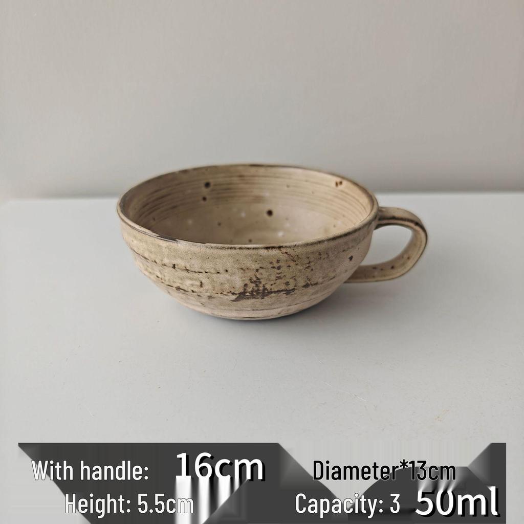 Japanese Retro Coarse Pottery Breakfast Bowl with Handle - Perfect for Salad, Dessert, or Yogurt.