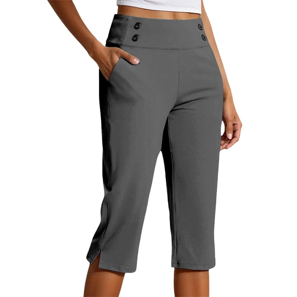 Women High Waist Capri Pants with Pockets Split Hem Casual Sport Fitness Yoga Cropped Pants for Activewear