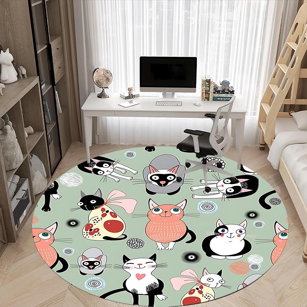 1pc Cat Pattern Office Round Rug, Carpet for Office, Gaming, Lightweight Round Floor Mat Yy260205084