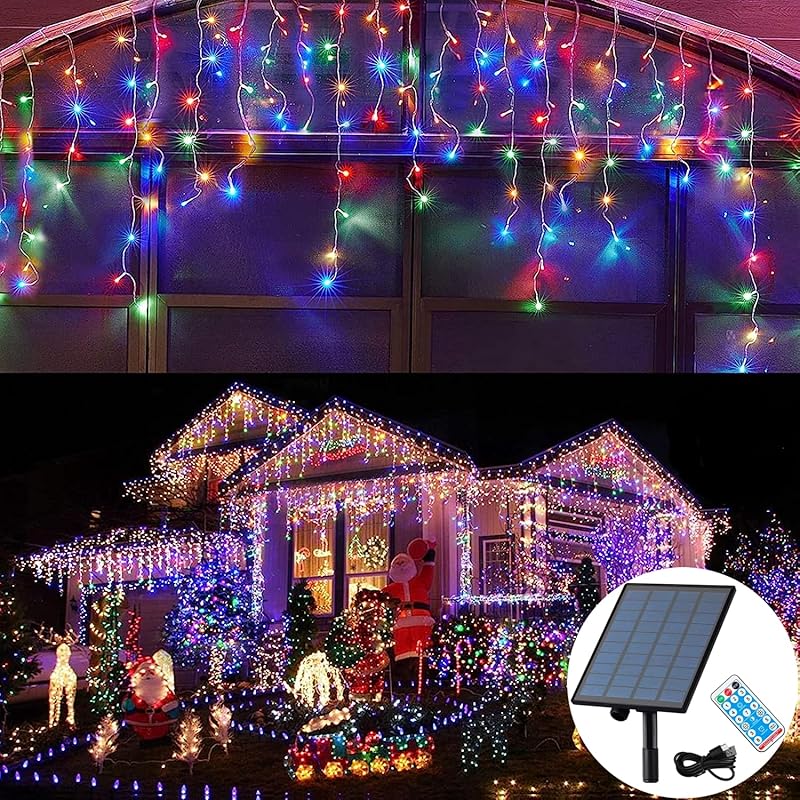 Solar Christmas Lights Outdoor Waterproof Christmas Decorations Curtain Lights 320LED 29.5ft 60 Drops, Solar Powered Rechargeable Fairy Lights for