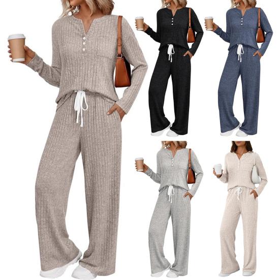 Women's 2 Piece Lounge Outfits Casual Long Sleeve Top Wide Leg Pants Pajamas Set Ribbed Sweater Sleepwear