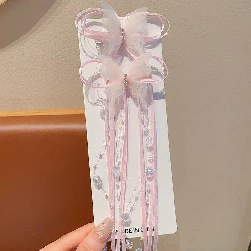 2Pcs Butterfly Tassel Baby Girl Hair Clips Sweet Long Ribbon Pearl Duck Tongue Clips Princess Sided Clips Kids Hair Accessories