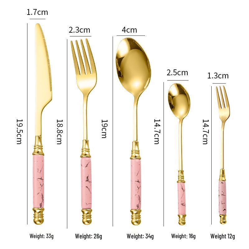 Emerald Marble Pattern 5-Piece Cutlery Set: Stainless Steel Knife, Fork, Spoon with Ceramic Handles