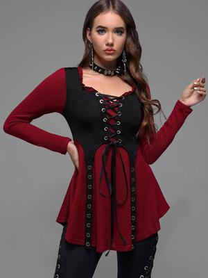 Rosegal Plus Size Lace Up Grommet Ruffles Colorblock Long Sleeves Tee