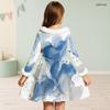 Girls Furry Collar Long Sleeve Beige Black Printed A Line Flared Dress With Bow