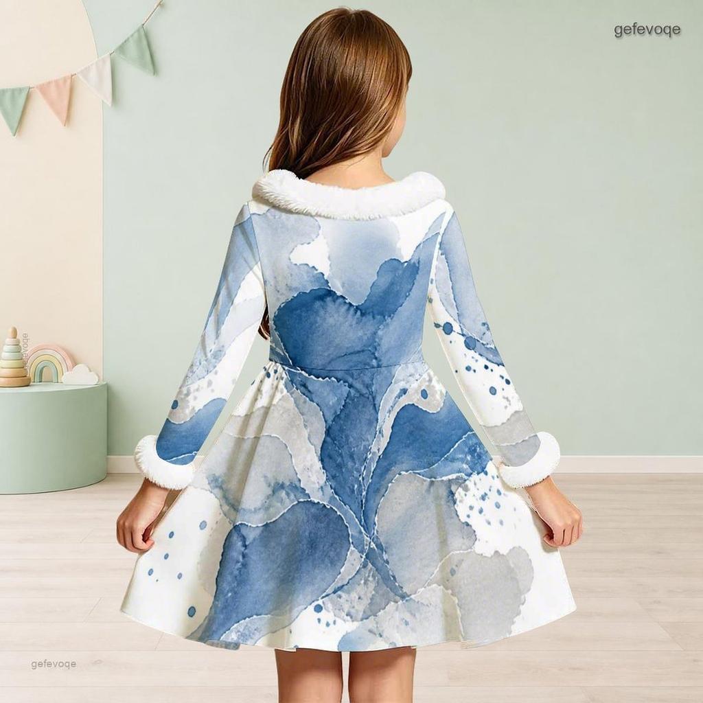 Girls Furry Collar Long Sleeve Beige Black Printed A Line Flared Dress With Bow