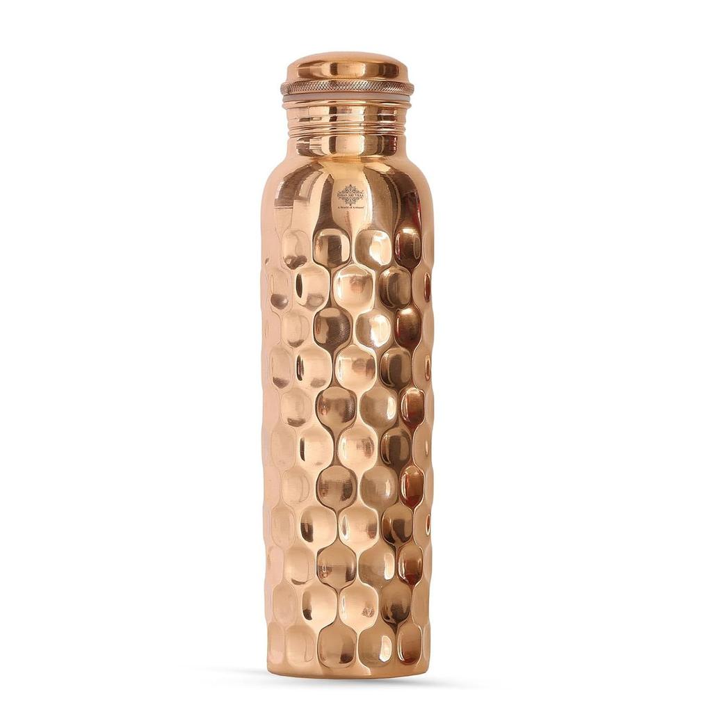 Copper Water Bottle – 1000 ML, Mirror Shine Finish, Lacquer Coated Diamond Design, Ayurvedic Pure Copper Bottle Set of 1