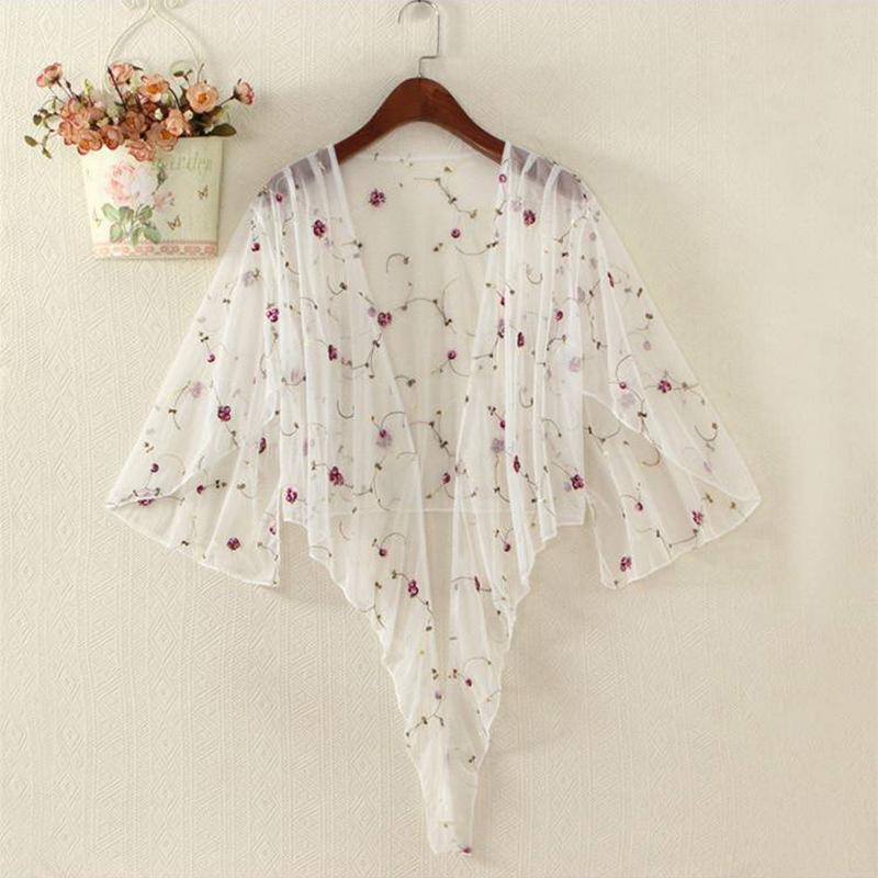 White Pink Women Floral Embroidery Sheer Cover Up Shirts Long Sleeve See Through Cardigan Blouse Beach Boho Shawl Bathing Suit Mesh Women's
