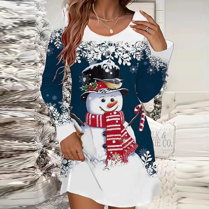 

Різдвяна сукня жіноча повсякденна з круглим вирізом, довгим рукавом, з принтом, святкова сукня червона вільна з сніговиком коротка сукня XXXL небо синє кольору