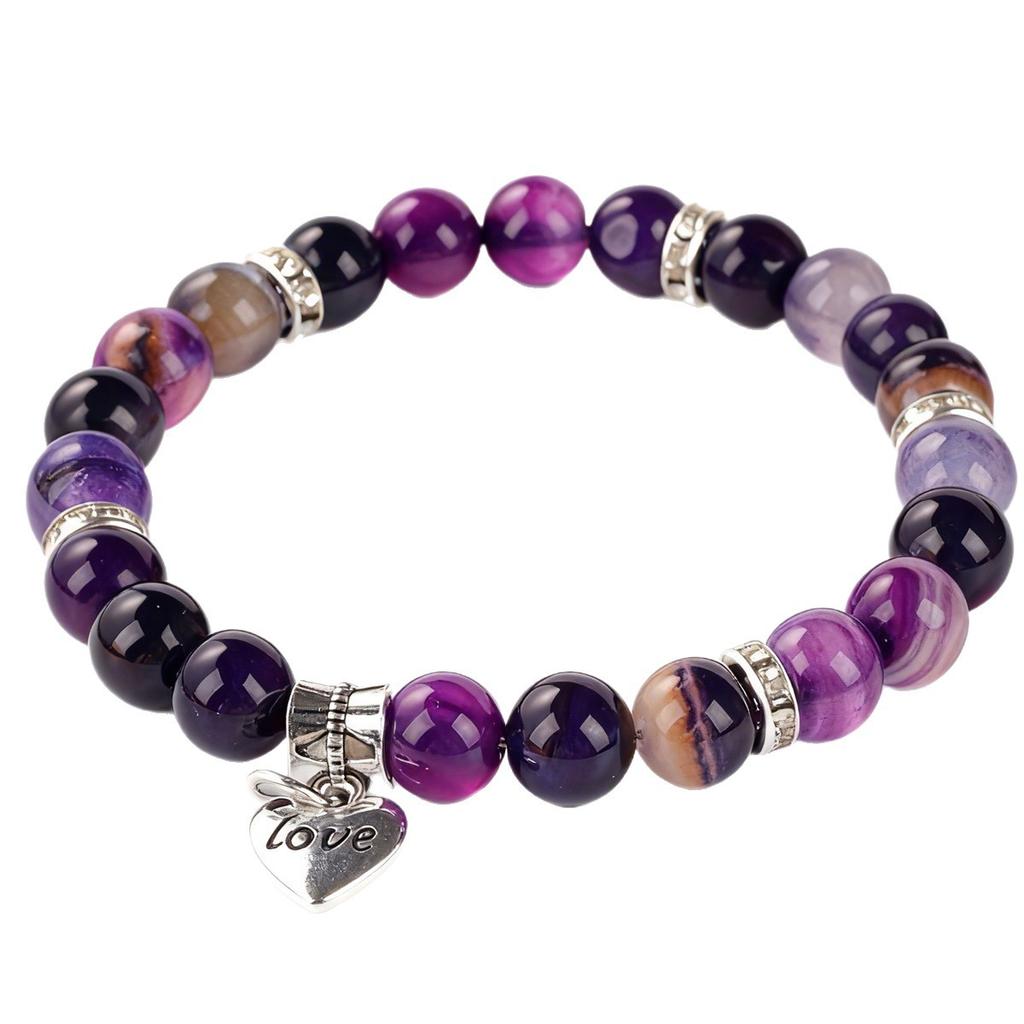 New Bohemian jewelry hand round bead chain love pendant beaded bracelet purple striped agate bracelet women