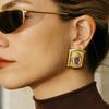 Retro Ethnic Natural Stone Round Earrings for Women Gold Plated Stainless Steel Geometric Piercing Earring Studs Boho Zircon