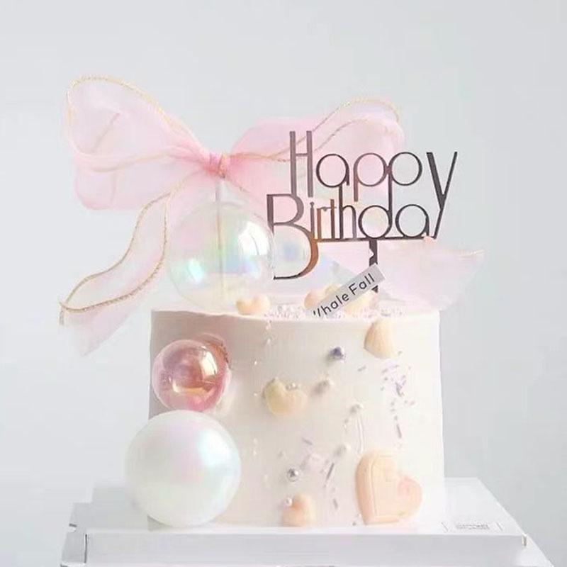 Iridescent Transparent Ball Cake Decorations In White & Pink