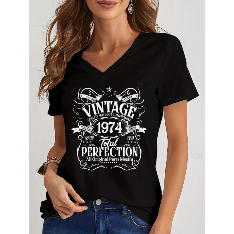 

Harajuku Fashion Vintage 1974 Total Perfection Print Black Tshirt Spring Short Sleeves Women Tee Casual Loose Years Style Shirts S