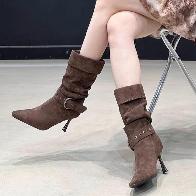 Autumn Women's High Heel Wrinkle Ankle Boots New Winter Pointed Toe Head Thin Heel Chelsea Boots for Shoes Dress Boots 514
