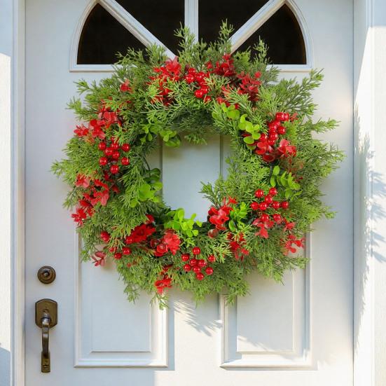 16 Inch Christmas Wreath with Red Berries Artificial Eucalyptus And Cedar Leaf Wreath for Holiday Front Door Wall Home Decoration