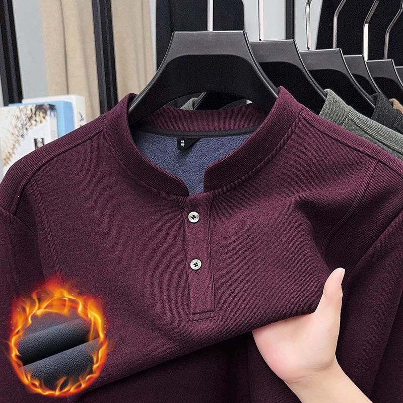 Men's Solid Color Fleece-Lined Sweatshirt, 2025 Autumn/Winter Collection - Thick, Double-Sided German Fleece, Round Neck, Casual Warm Base Layer