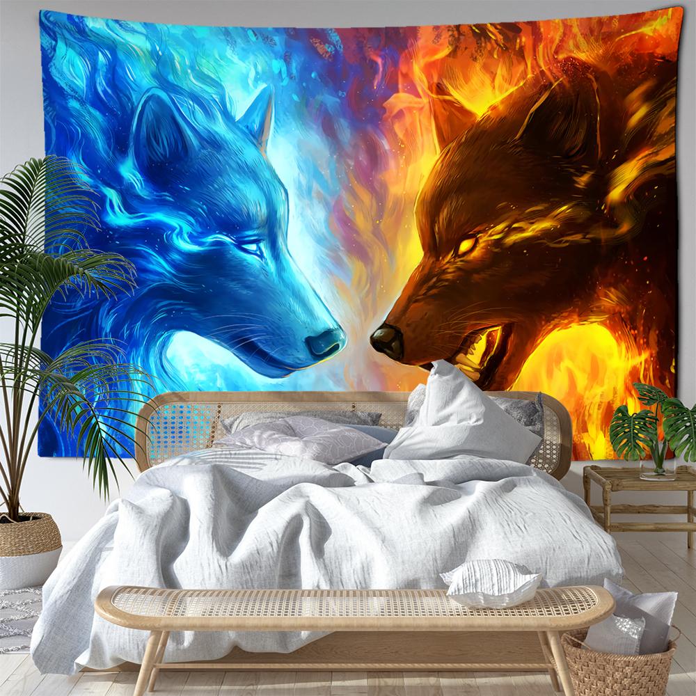 Ice and Fire Wolf Head Tapestry Wall Hanging Abstract Mysterious Art Witchcraft Hippie Tapitz Living Room Bedroom Home Decor
