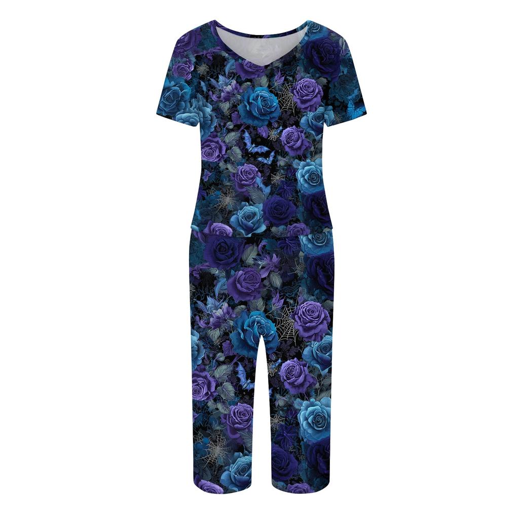 Women's Two Piece Halloween Print Lounge Set Short Sleeve V Neck Top and Capri Pants Casual Pajama Set for Relaxed Fit