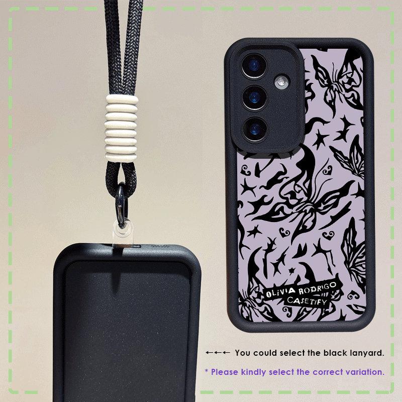 Custodia Moda Stampata con Farfalle Nere + Cordino Nero Guscio Flessibile Morbido in Silicone TPU Copertura Posteriore Completa per IPhone Samsung Xiaomi Redmi