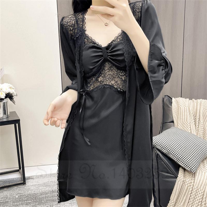 Female Patchwork Lace Twinset Robe Set Kimono Bathrobe Gown Sexy Sleepwear Nightgown Lingerie Silky Satin Home Dress Lounge Wear