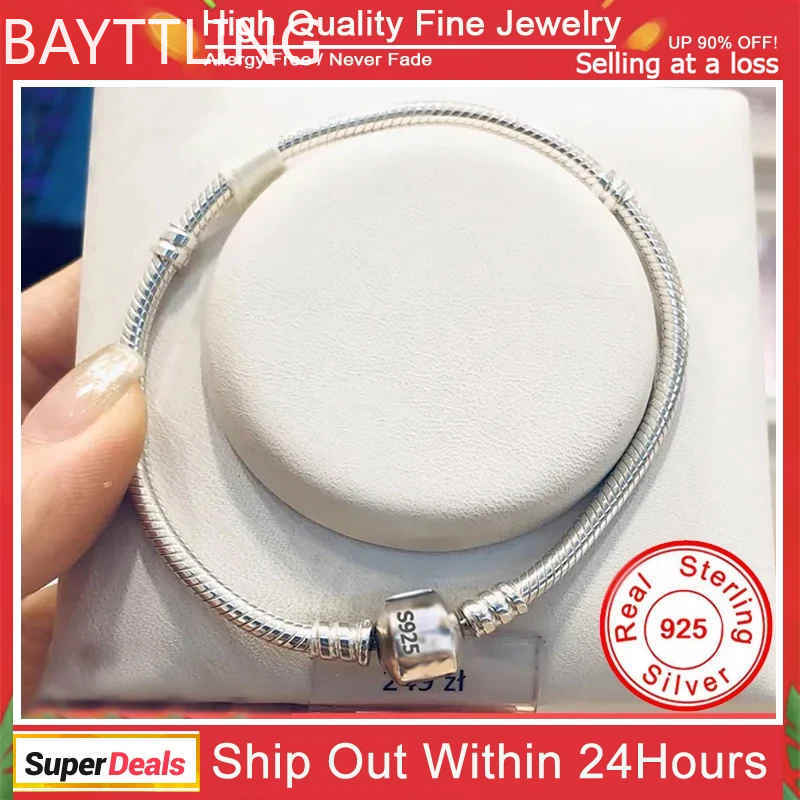Bracciale Originale Certificato in Argento Sterling 925 di Marca Famosa per Donne Charms e Perline Fai-da-te Catena a Maglie Serpente Gioiello Classico per il Polso