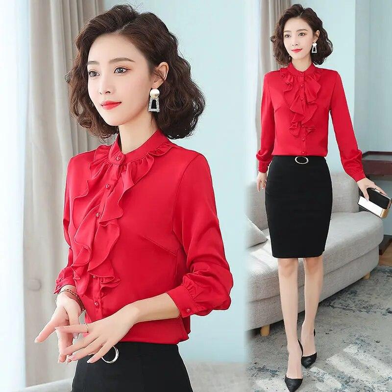 Chiffon Blouse Women's Spring Autumn New Standing Collar Long Sleeved Professional Shirt Solid Color Ruffle Bottoming Top