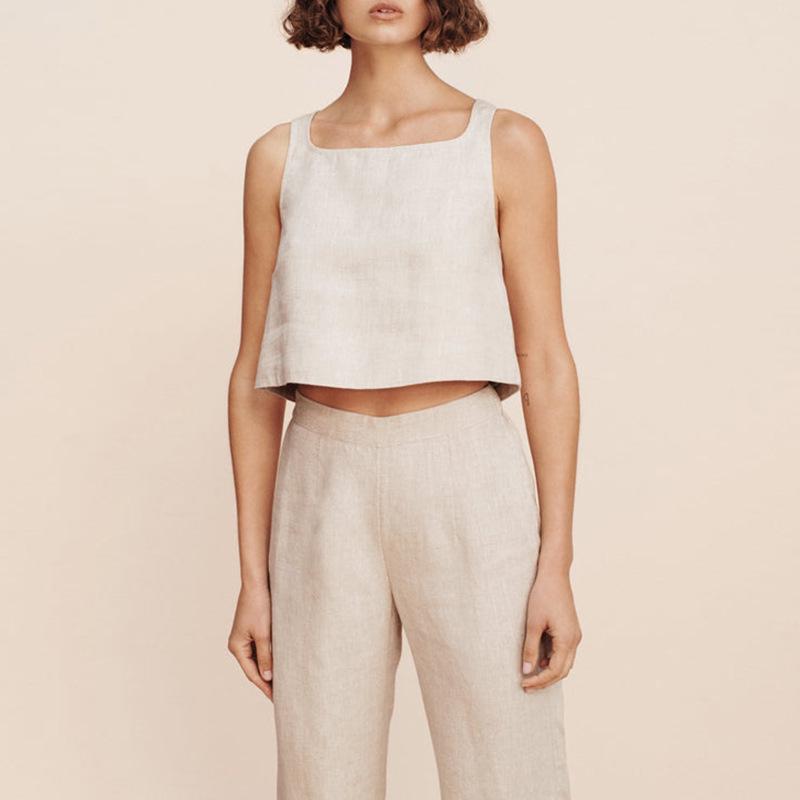 

Европейский и американский стиль, топ-кроп без рукавов с квадратным вырезом из чистого льна, женский летний жилет Large