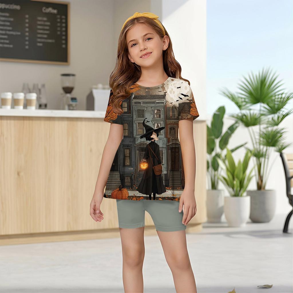 Little Girls Summer Outfit Set Halloween Print Short Sleeve Ruffle Hem Top and Shorts